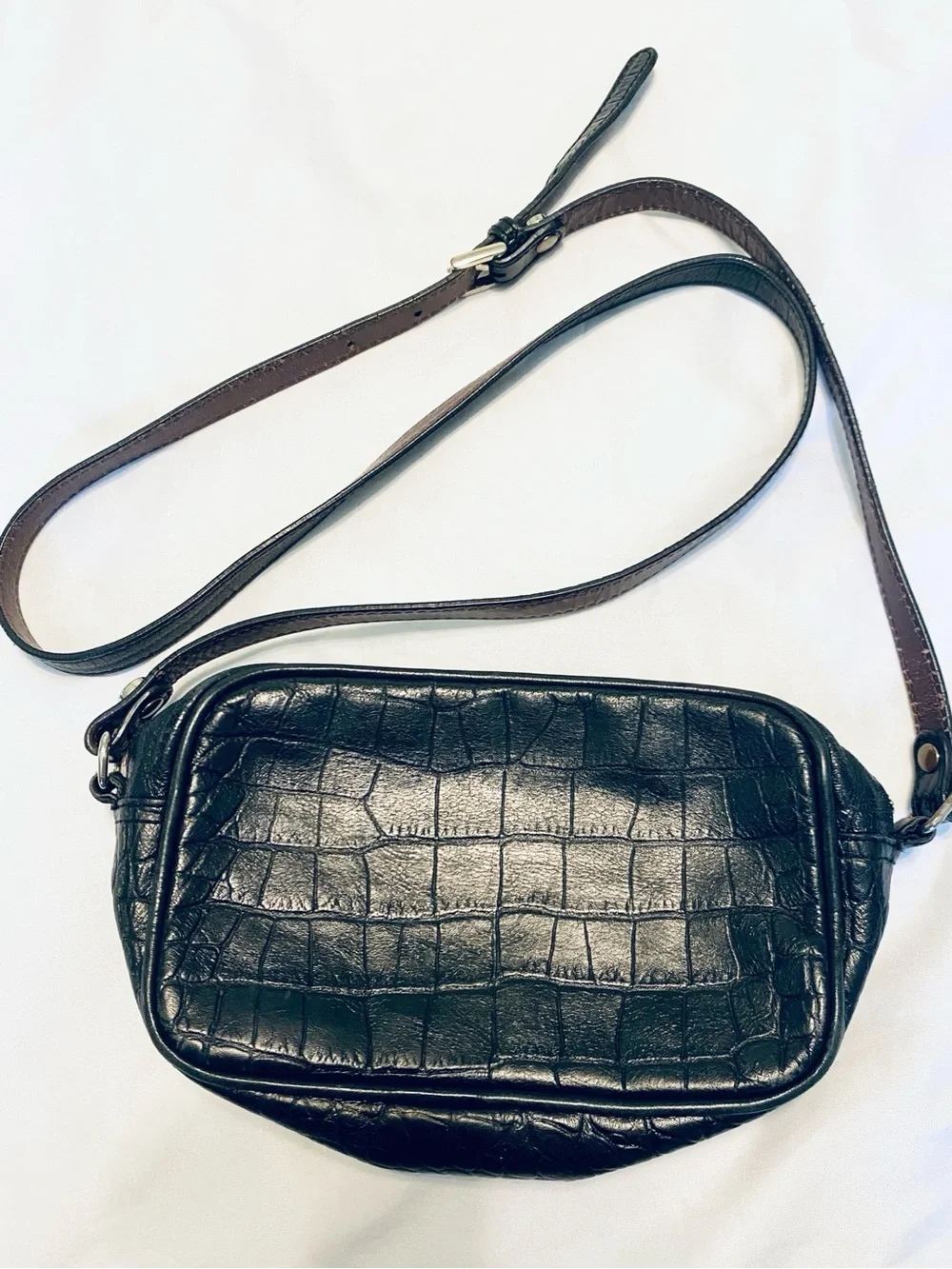 VTG 90s Massimo Dutti Croc Embossed Leather Crossbody Bag Purse Black EUC Spain